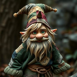 Zook Gimble, a captivating beardless gnome of mischief and charm, wearing a weathered forest-green robe adorned with mismatched patches, each patch telling its own story