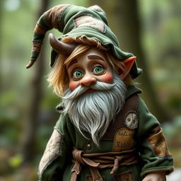 Zook Gimble, a captivating beardless gnome of mischief and charm, wearing a weathered forest-green robe adorned with mismatched patches, each patch telling its own story