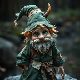 Zook Gimble, a captivating beardless gnome of mischief and charm, wearing a weathered forest-green robe adorned with mismatched patches, each patch telling its own story