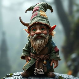 Zook Gimble, a captivating beardless gnome of mischief and charm, wearing a weathered forest-green robe adorned with mismatched patches, each patch telling its own story