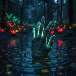 A mystical scene where a hand is emerging from the ground, the surface rippling like water