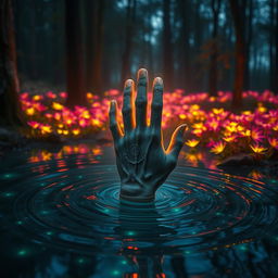 A mystical scene where a hand is emerging from the ground, the surface rippling like water