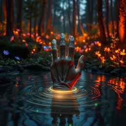 A mystical scene where a hand is emerging from the ground, the surface rippling like water