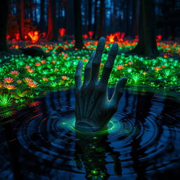 A mystical scene where a hand is emerging from the ground, the surface rippling like water