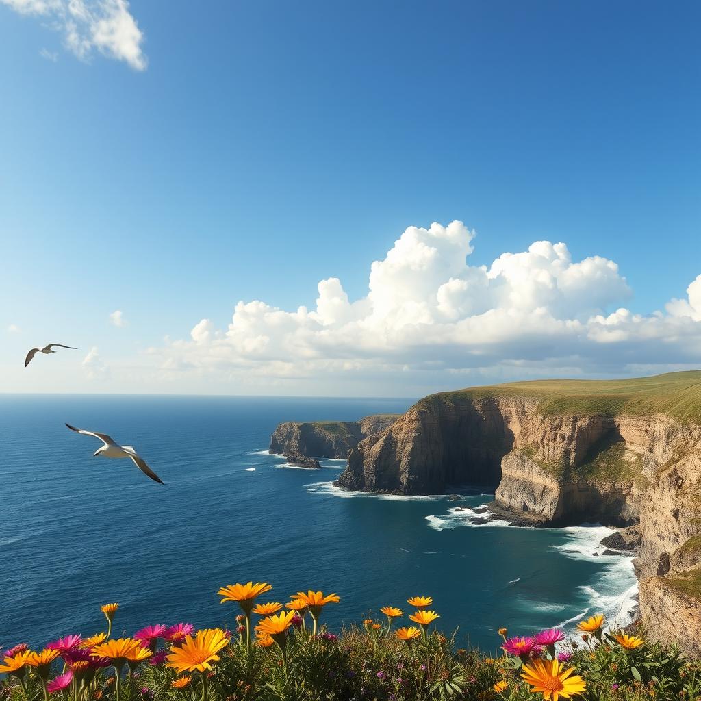 A picturesque coastal landscape featuring rugged cliffs and azure seas