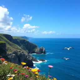 A picturesque coastal landscape featuring rugged cliffs and azure seas