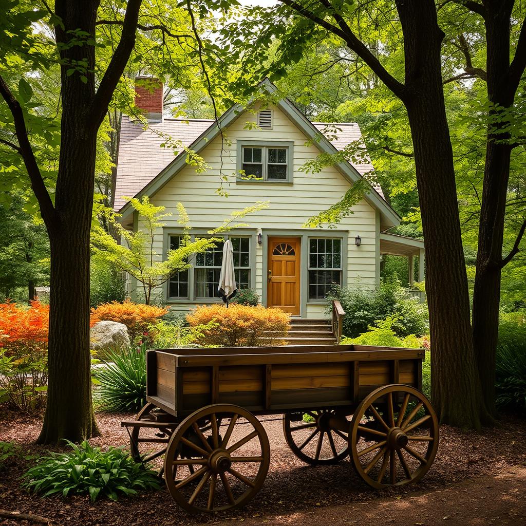 A charming house nestled among trees with a rustic-style wooden wagon in front