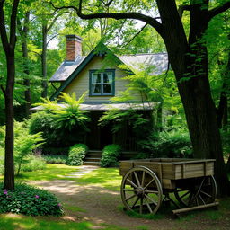 A charming house nestled among trees with a rustic-style wooden wagon in front