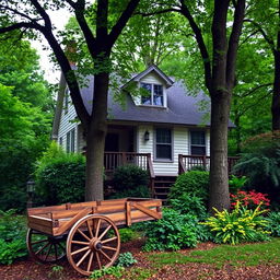 A charming house nestled among trees with a rustic-style wooden wagon in front