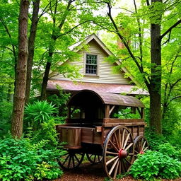 A charming house nestled among trees with a rustic-style wooden wagon in front