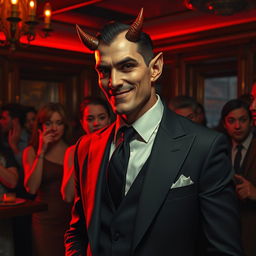 A dramatic scene depicting a suave, charismatic figure with devilish features subtly integrated into his appearance, like small horns and a mischievous grin