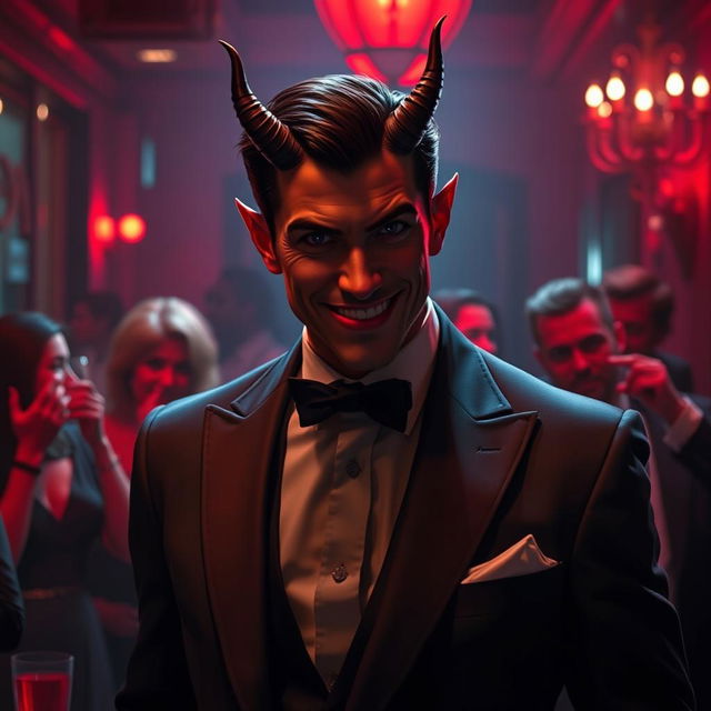 A dramatic scene depicting a suave, charismatic figure with devilish features subtly integrated into his appearance, like small horns and a mischievous grin