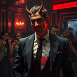 A dramatic scene depicting a suave, charismatic figure with devilish features subtly integrated into his appearance, like small horns and a mischievous grin