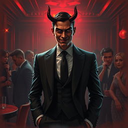 A dramatic scene depicting a suave, charismatic figure with devilish features subtly integrated into his appearance, like small horns and a mischievous grin