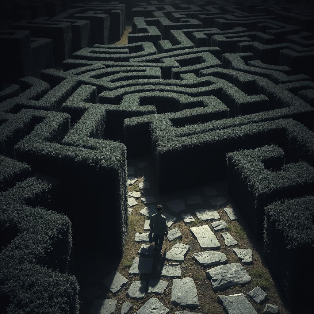 A lone figure navigating an intricate, endless maze, appearing lost and pensive