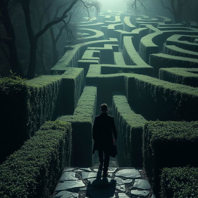 A lone figure navigating an intricate, endless maze, appearing lost and pensive