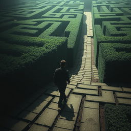 A lone figure navigating an intricate, endless maze, appearing lost and pensive