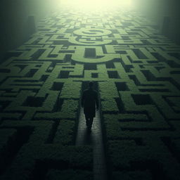 A lone figure navigating an intricate, endless maze, appearing lost and pensive