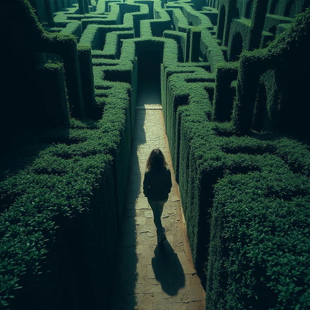 A young woman navigating an intricate, endless maze, appearing lost and pensive