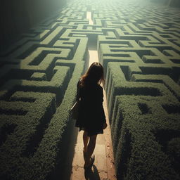 A young woman navigating an intricate, endless maze, appearing lost and pensive