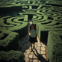 A young woman navigating an intricate, endless maze, appearing lost and pensive