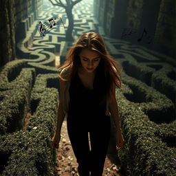 A young woman navigating an intricate, endless maze, appearing lost and pensive