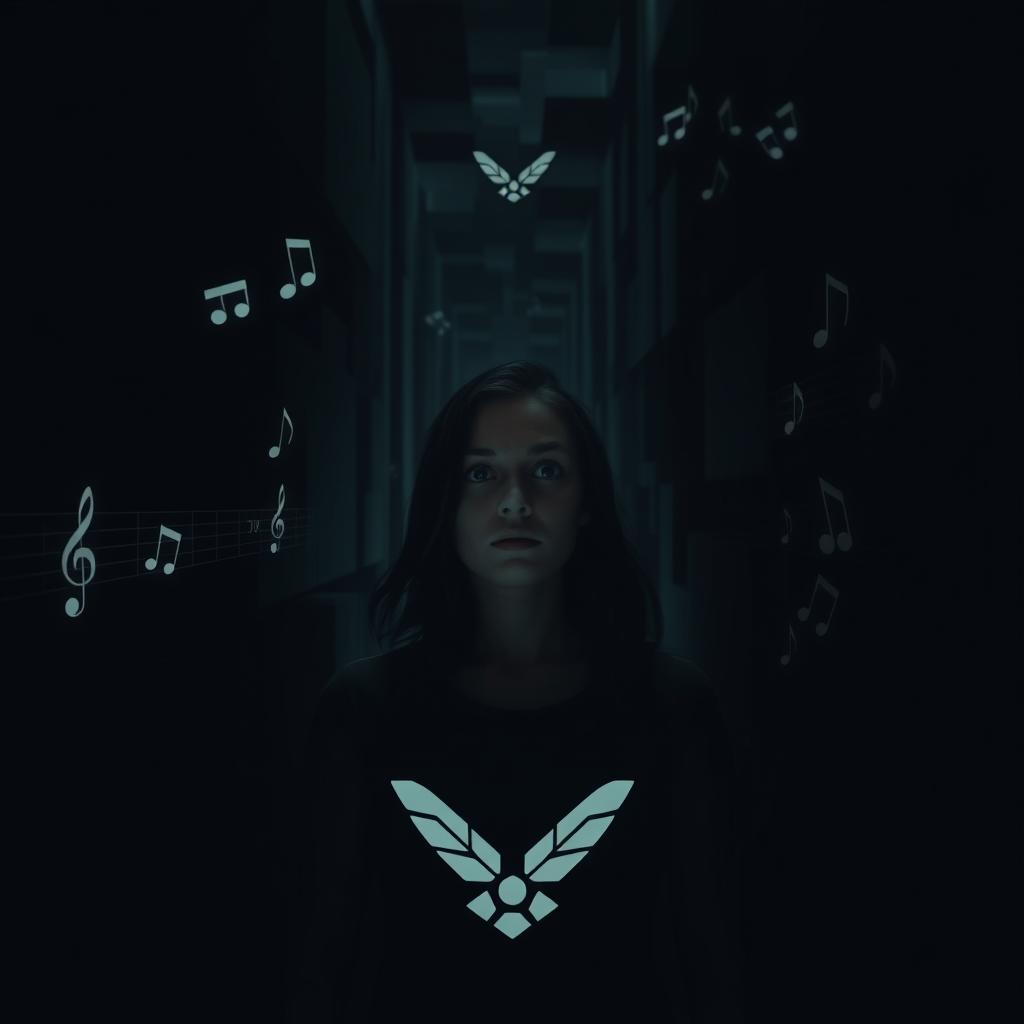 A young woman lost in a dark, mysterious maze, distracted by echoes that resemble military air force sounds, such as jet engines and commands