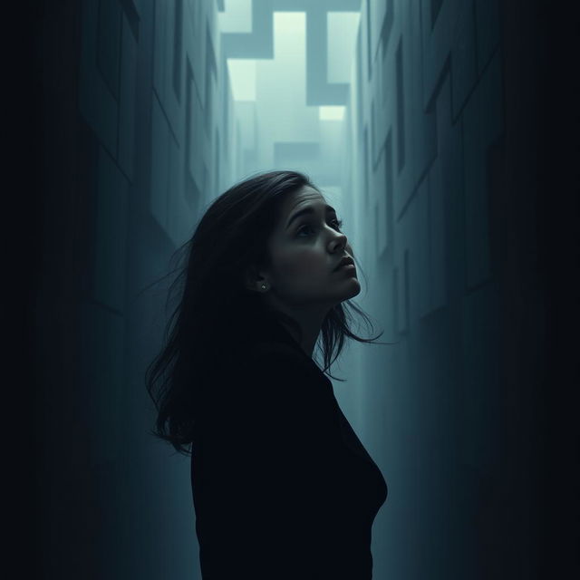 A young woman lost in a dark, mysterious maze, distracted by echoes that resemble military air force sounds, such as jet engines and commands