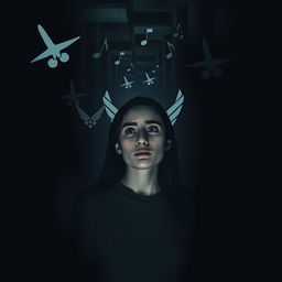 A young woman lost in a dark, mysterious maze, distracted by echoes that resemble military air force sounds, such as jet engines and commands