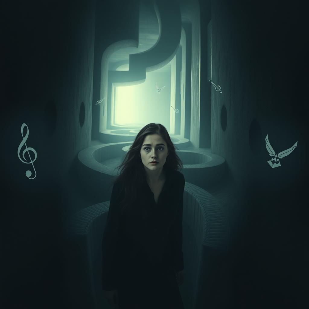 A young woman lost in a dark, mysterious labyrinth, distracted by echoes that sound like military air force elements such as jet engines and commands