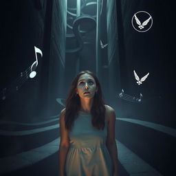 A young woman lost in a dark, mysterious labyrinth, distracted by echoes that sound like military air force elements such as jet engines and commands