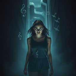 A young woman lost in a dark, mysterious labyrinth, distracted by echoes that sound like military air force elements such as jet engines and commands