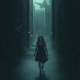 A young woman lost in a dark, mysterious labyrinth, distracted by echoes that sound like military air force elements such as jet engines and commands