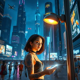 A futuristic cityscape set at night, illuminated by neon lights reflecting off towering skyscrapers