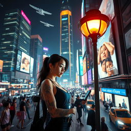 A futuristic cityscape set at night, illuminated by neon lights reflecting off towering skyscrapers