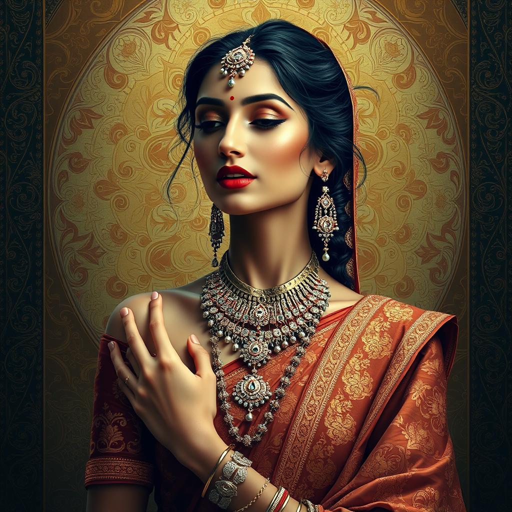 A sensual artistic depiction of an Indian woman in a culturally rich setting, embodying grace and beauty through traditional attire, with exquisite jewelry and a serene expression, surrounded by intricate Indian motifs and patterns