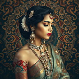 A sensual artistic depiction of an Indian woman in a culturally rich setting, embodying grace and beauty through traditional attire, with exquisite jewelry and a serene expression, surrounded by intricate Indian motifs and patterns