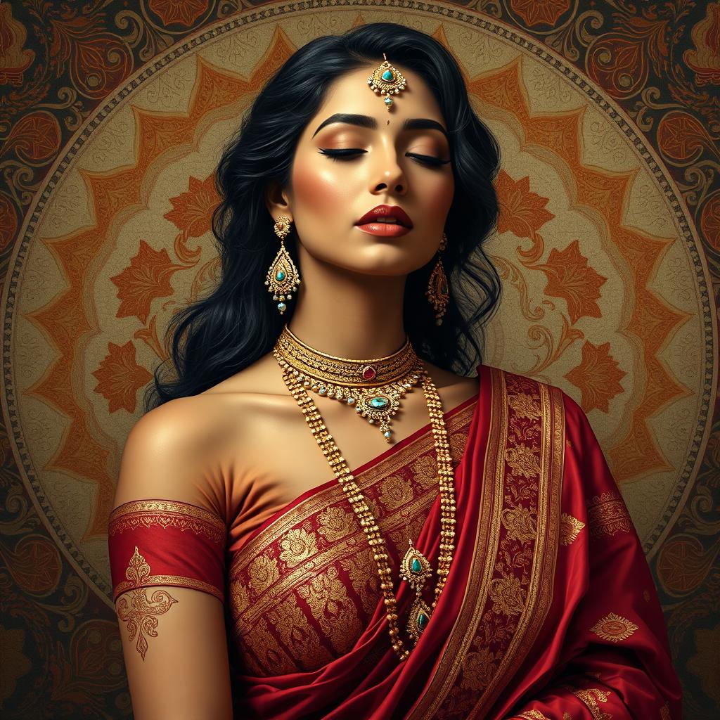 A sensual artistic depiction of an Indian woman in a culturally rich setting, embodying grace and beauty through traditional attire, with exquisite jewelry and a serene expression, surrounded by intricate Indian motifs and patterns