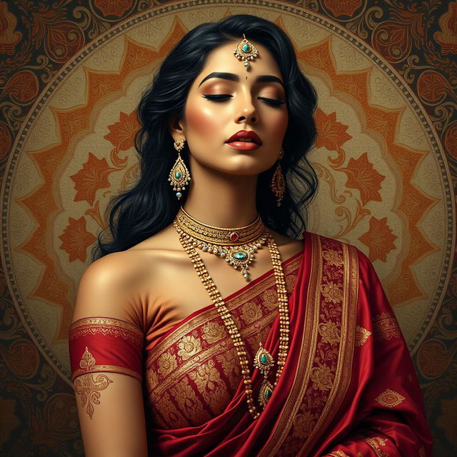 A sensual artistic depiction of an Indian woman in a culturally rich setting, embodying grace and beauty through traditional attire, with exquisite jewelry and a serene expression, surrounded by intricate Indian motifs and patterns