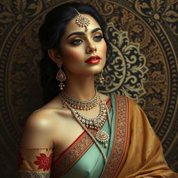 A sensual artistic depiction of an Indian woman in a culturally rich setting, embodying grace and beauty through traditional attire, with exquisite jewelry and a serene expression, surrounded by intricate Indian motifs and patterns