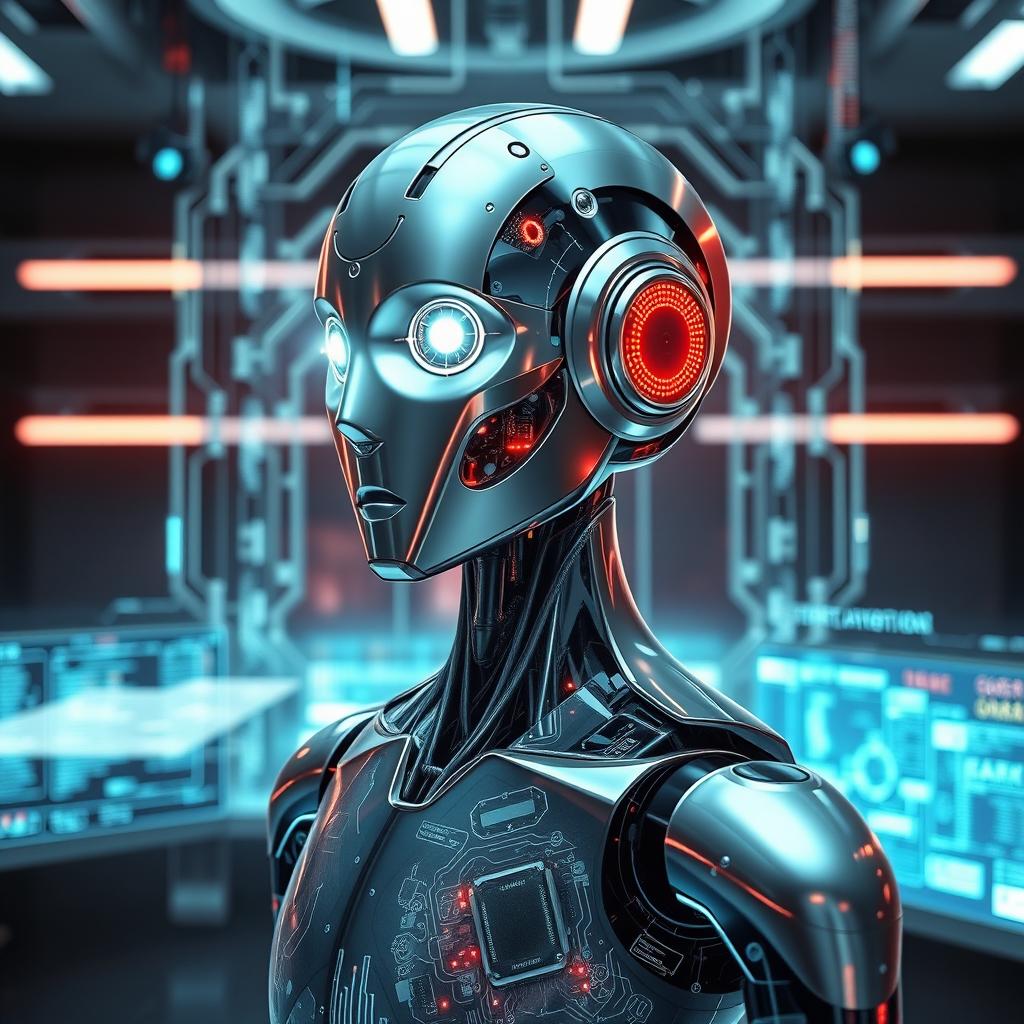 A futuristic depiction of artificial intelligence represented as a humanoid robot with a sleek, metallic exterior