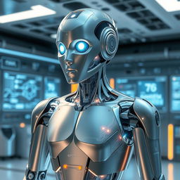 A futuristic depiction of artificial intelligence represented as a humanoid robot with a sleek, metallic exterior