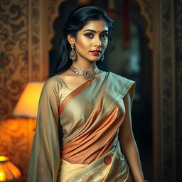 A captivating artistic portrayal of an Indian woman in a half-revealed traditional sari, delicately draped to reveal her shoulders and midriff, highlighting the beauty of traditional Indian fashion