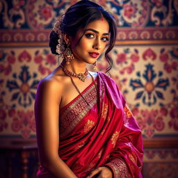 A captivating artistic portrayal of an Indian woman in a half-revealed traditional sari, delicately draped to reveal her shoulders and midriff, highlighting the beauty of traditional Indian fashion