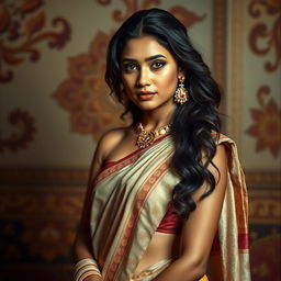 A captivating artistic portrayal of an Indian woman in a half-revealed traditional sari, delicately draped to reveal her shoulders and midriff, highlighting the beauty of traditional Indian fashion