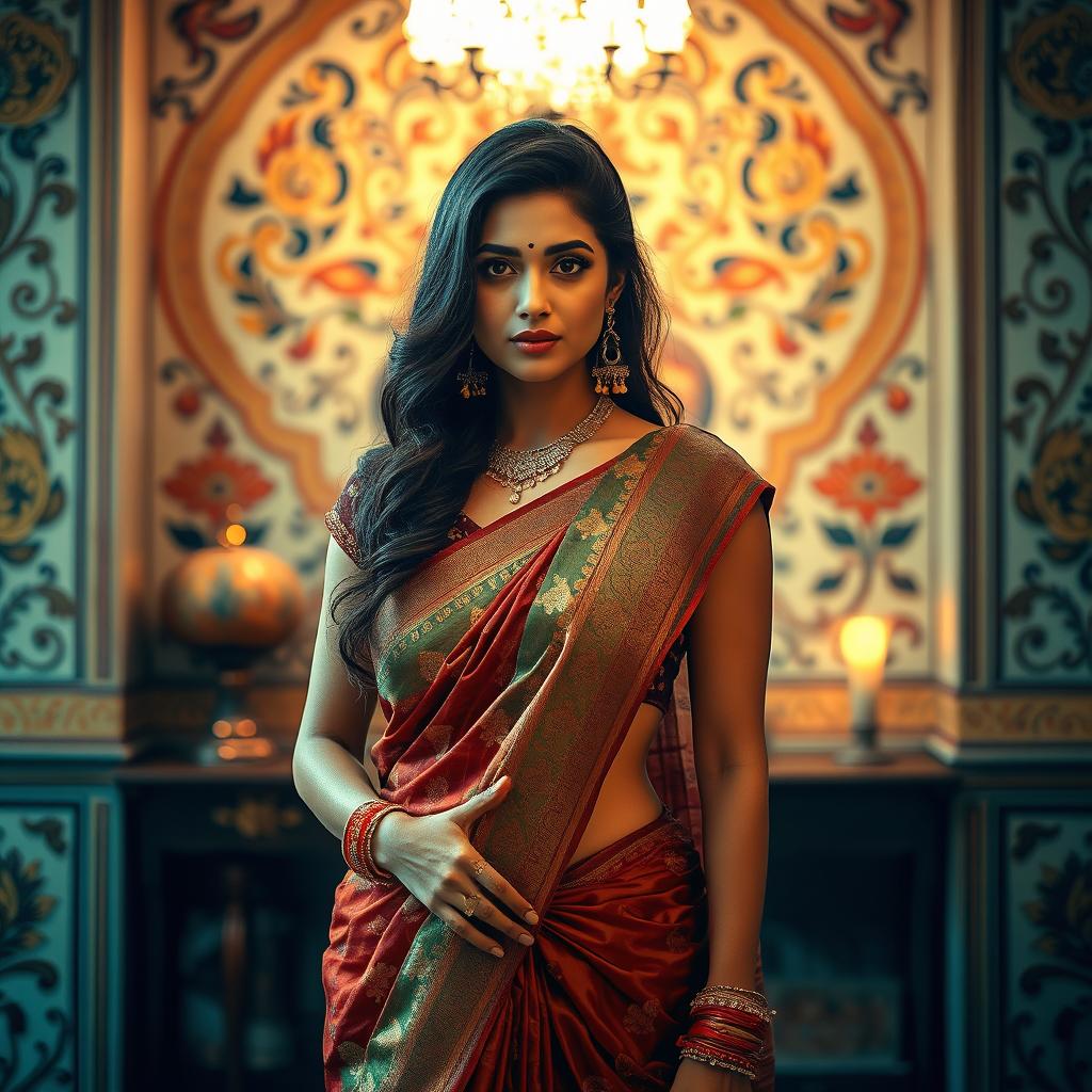 A captivating artistic portrayal of an Indian woman in a half-revealed traditional sari, delicately draped to reveal her shoulders and midriff, highlighting the beauty of traditional Indian fashion
