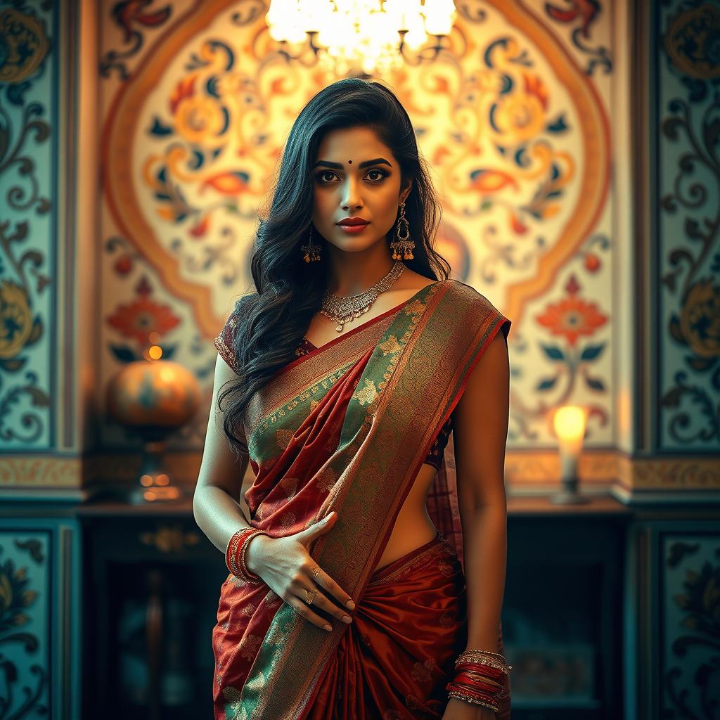 A captivating artistic portrayal of an Indian woman in a half-revealed traditional sari, delicately draped to reveal her shoulders and midriff, highlighting the beauty of traditional Indian fashion