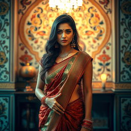 A captivating artistic portrayal of an Indian woman in a half-revealed traditional sari, delicately draped to reveal her shoulders and midriff, highlighting the beauty of traditional Indian fashion