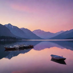 A magical sunset over a serene lake, with reflections of majestic mountains in the water, silhouettes of boats gently drifting, and a sky painted in hues of pink, orange and purple