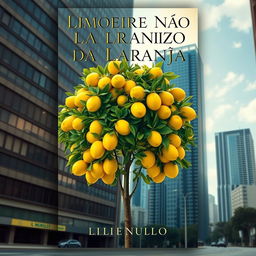 a book cover for a novel titled "Limoeiro Não Dá Laranja" featuring a metaphorical scene of a lemon tree full of vibrant yellow lemons in an unexpected urban city setting